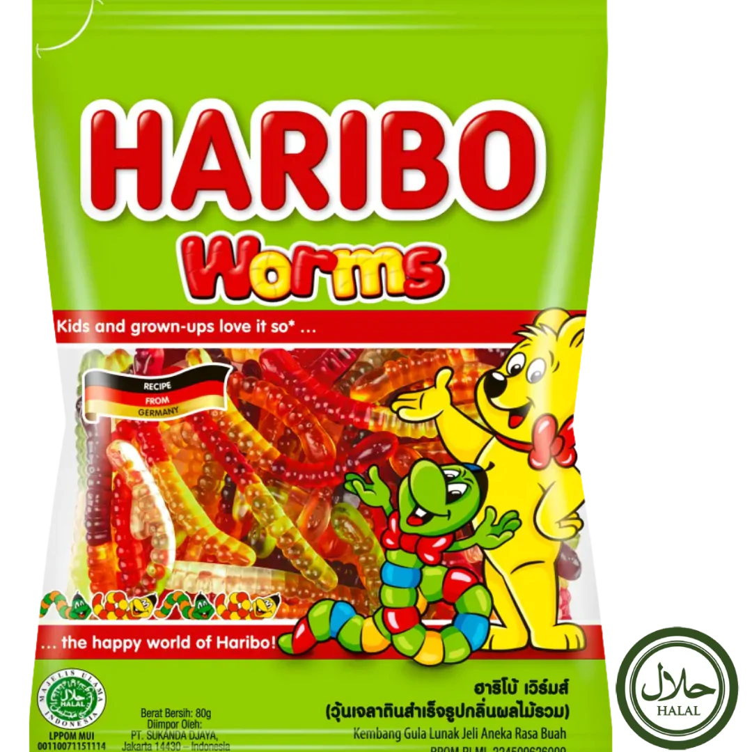 Front of Haribo Halal Worms pack showing bright green bag, red and yellow logo, and colourful gummy worms (80g pack)