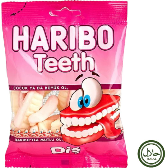 Front of Haribo Halal Teeth bag showing pink logo and gummy sweets shaped like teeth (80g pack)
