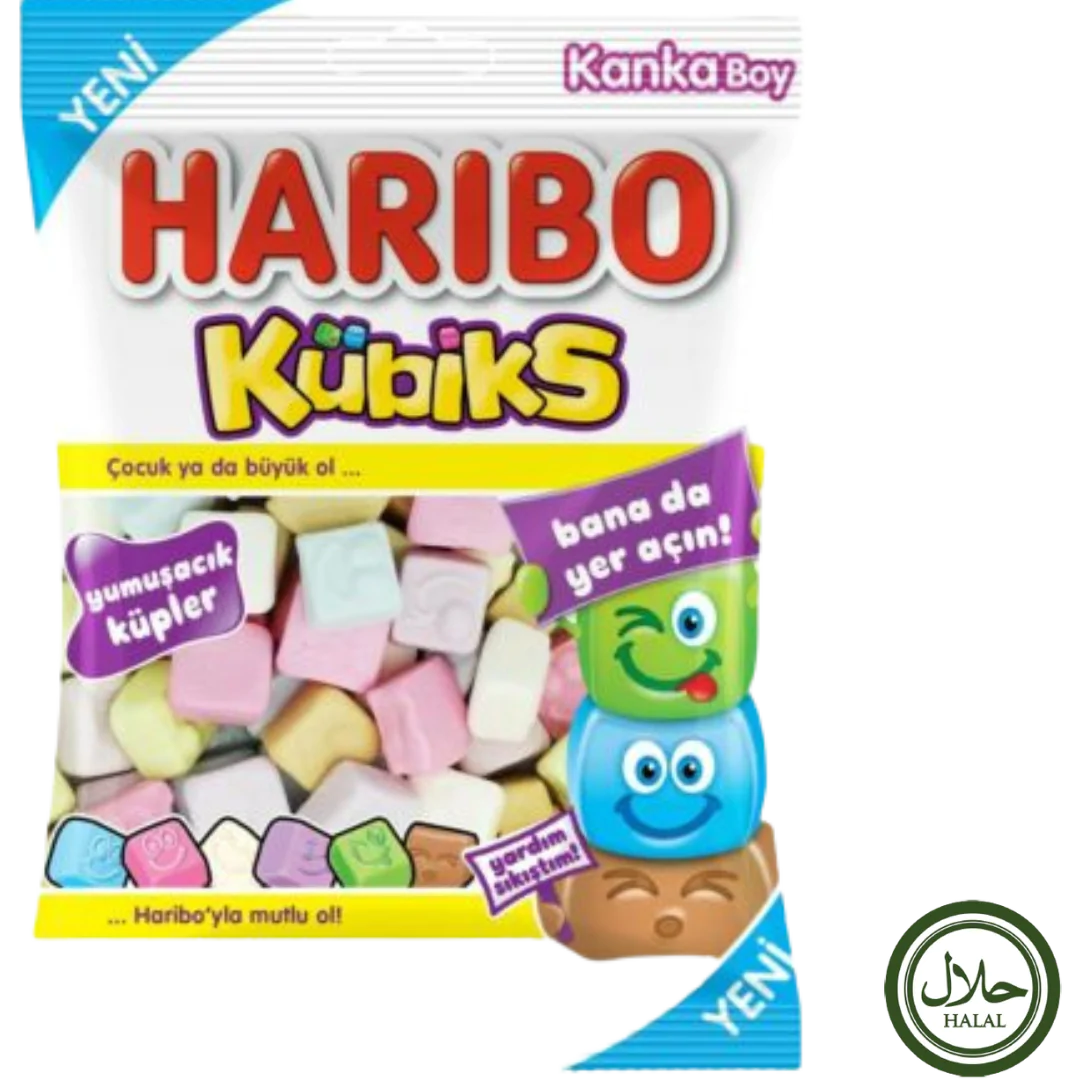 Front of Haribo Halal Kubiks bag featuring colourful jelly cubes, the Haribo logo, and Halal label (80g pack)