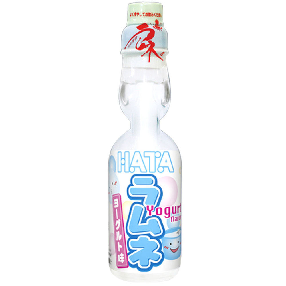 Front of Hata Ramune Yoghurt bottle showing branding, yoghurt flavour label, and cute character design (200ml pack)