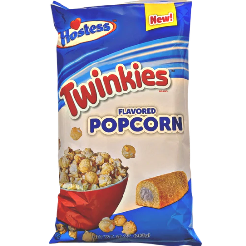 Front of Hostess Twinkies Flavoured Popcorn bag showing logo, an image of popcorn in a bowl, and a Twinkie (283g pack)