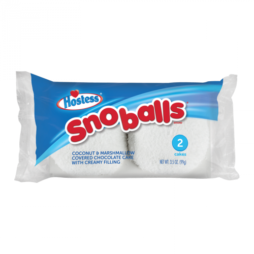 Front of Hostess Sno Balls 2 Pack (99g) showing logo, coconut and marshmallow covered chocolate cakes with creamy filling.