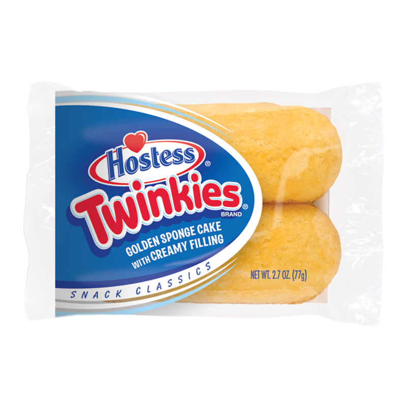 Front of Hostess Twinkies Twin Pack showing golden sponge cakes with creamy filling, product title, and 77g pack size.