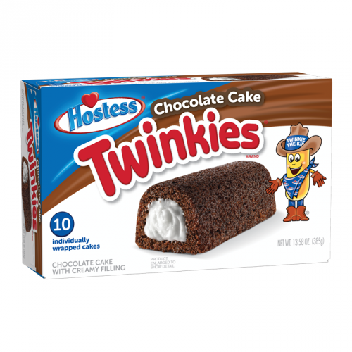 Front of Hostess Chocolate Cake Twinkies box showing chocolate cake, creamy filling, and brand logo (10 pack, 385g)