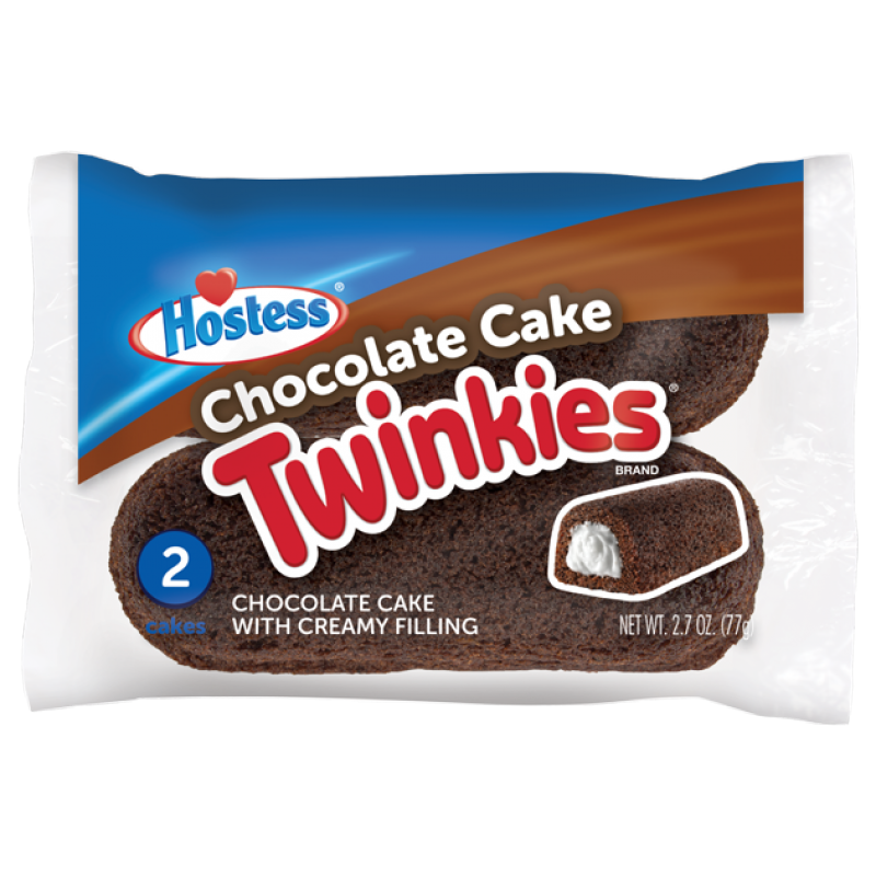 Front of Hostess Chocolate Cake Twinkies Twin Pack showing logo, chocolate cake description, creamy filling, and 77g pack size (2 cakes)