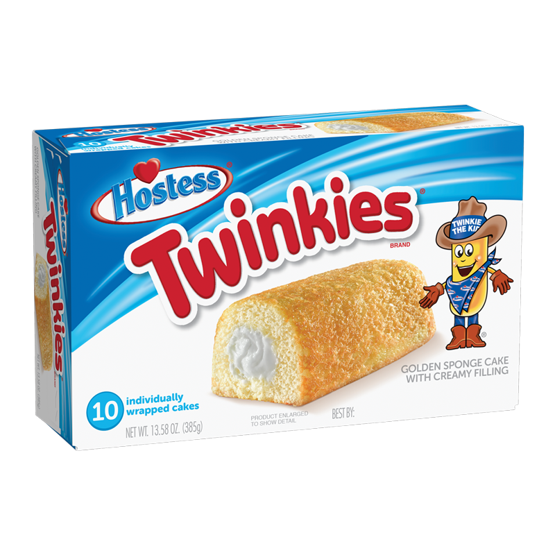 Front of Hostess Twinkies box showing golden sponge cakes with creamy filling, 10 individually wrapped cakes, and brand logo (385g pack)