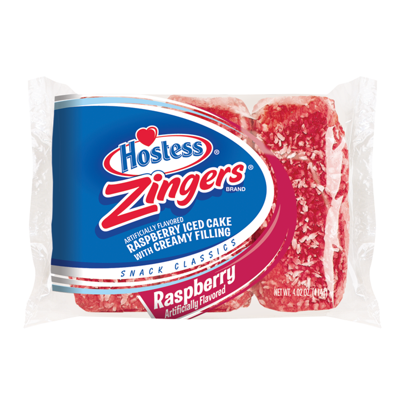 Front of Hostess Raspberry Zingers Triple Pack showing blue logo, raspberry iced cake with creamy filling, and 128g pack size.