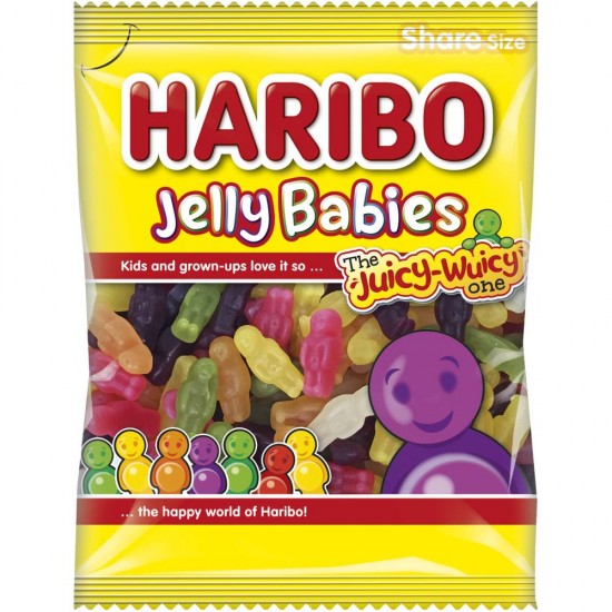 Front of Haribo Jelly Babies Share Bag (160g) showing vibrant jelly baby sweets in assorted colours with the Haribo logo.