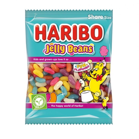 Front of Haribo Jelly Beans Share Bag showing bright blue packaging, colourful jelly beans, and the brand logo (160g pack)