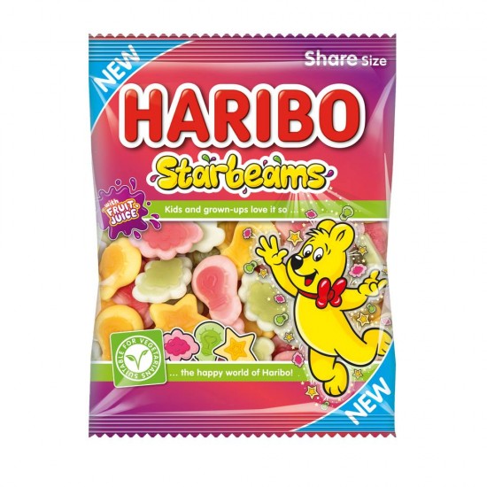 Front of Haribo Starbeams Share Bag (160g) showing the colourful gummy shapes and brand logo with a playful yellow character.