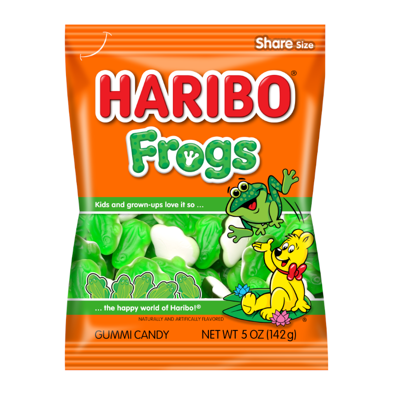 Front of Haribo Frogs bag showing vibrant orange packaging, the brand logo, and the playful frog-shaped gummy candy (142g pack)