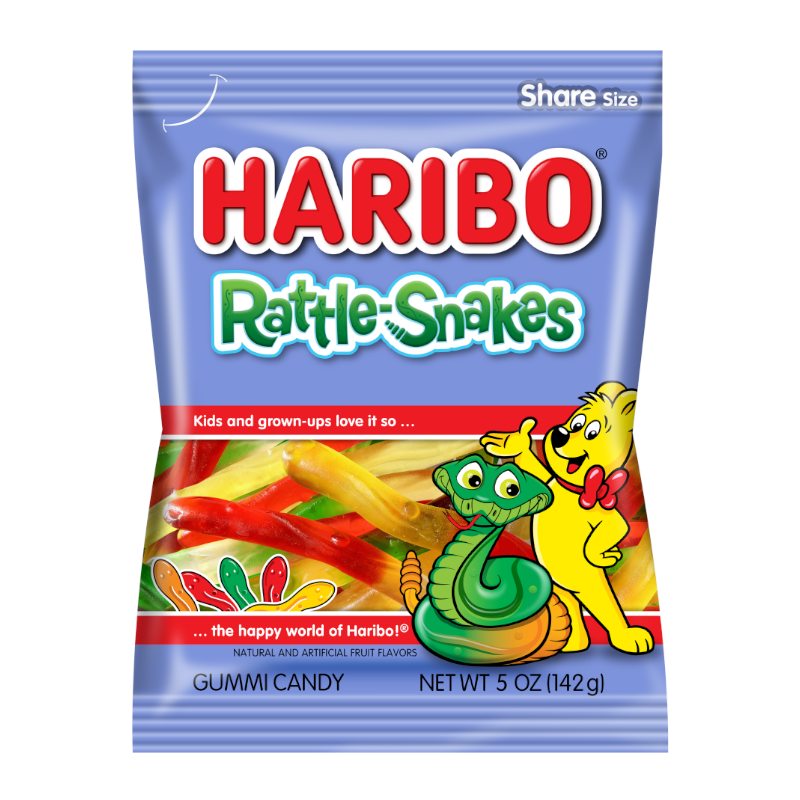 Front of Haribo Rattle Snakes bag showcasing the logo, vibrant gummy worms, and 142g pack size.