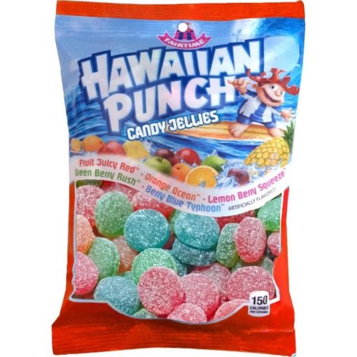 Front of Hawaiian Punch Candy Jellies bag showing the brand logo, colourful jelly sweets, and flavours like Juicy Red and Orange Ocean (170g pack)