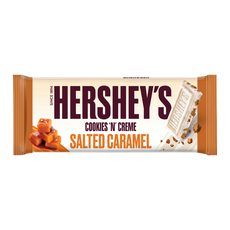 Front of Hershey's Cookies n Crème Salted Caramel bar showing logo, flavour details, and 90g pack size