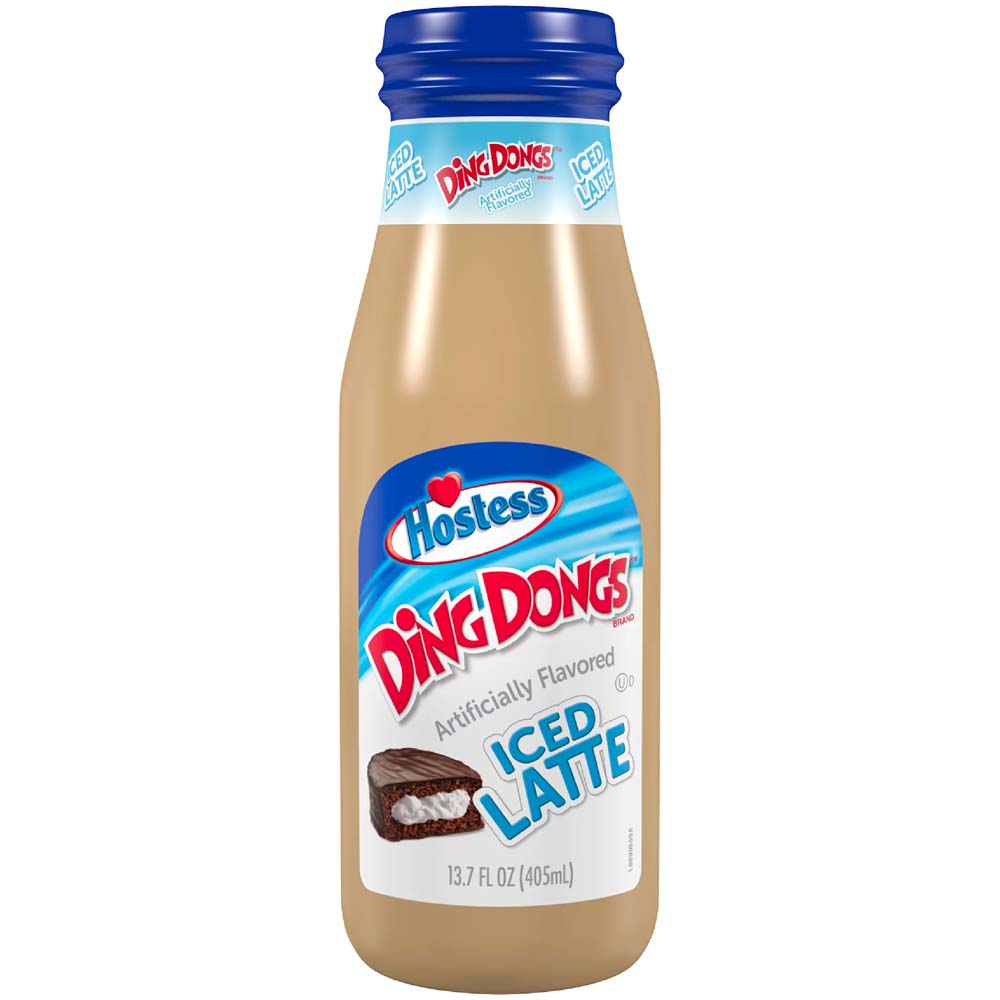 Front of Hostess Ding Dongs Iced Latte bottle featuring the logo, iced latte label, and image of Ding Dongs treat (405ml pack)