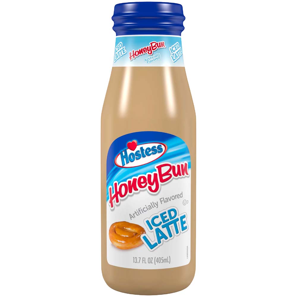 Front of Hostess Honey Bun Iced Latte bottle featuring the logo, honey bun flavour label, and 405ml pack size details.