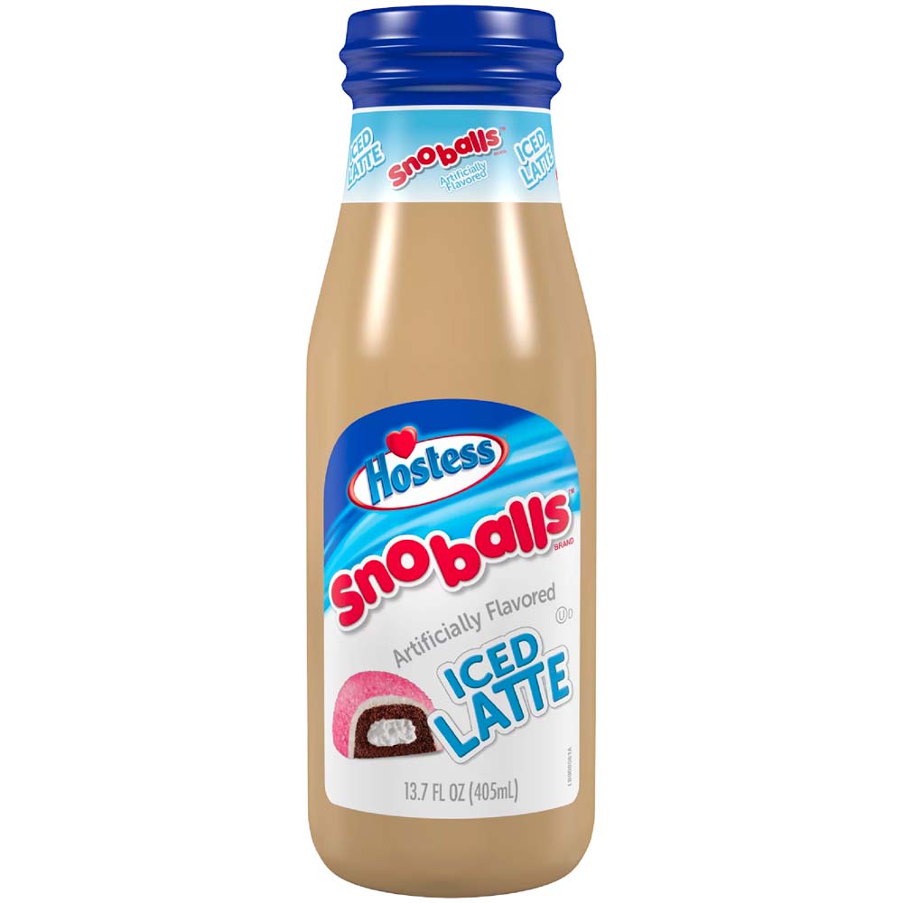 Front of Hostess Snoballs Iced Latte bottle showing brand logo, flavour label, and pack size (405ml)