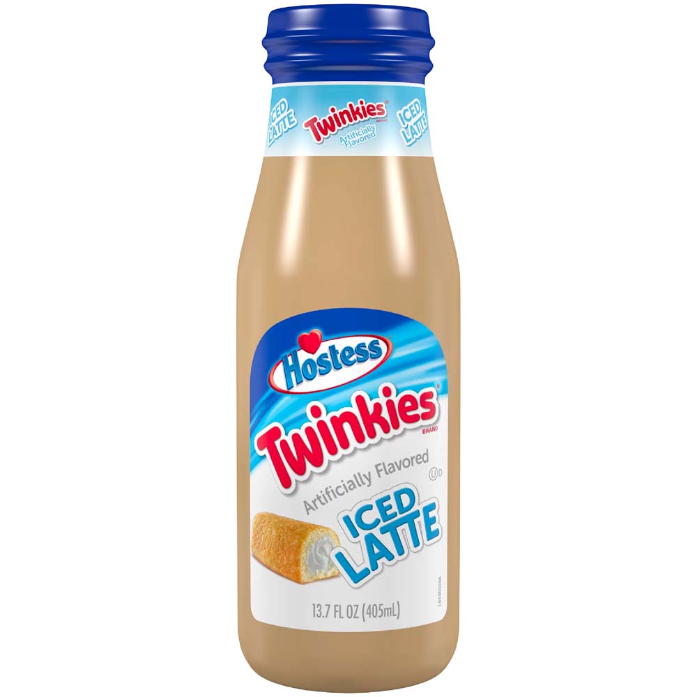 Front of Hostess Twinkies Iced Latte bottle featuring the logo, iced latte flavour, and 405ml quantity with an image of Twinkies.