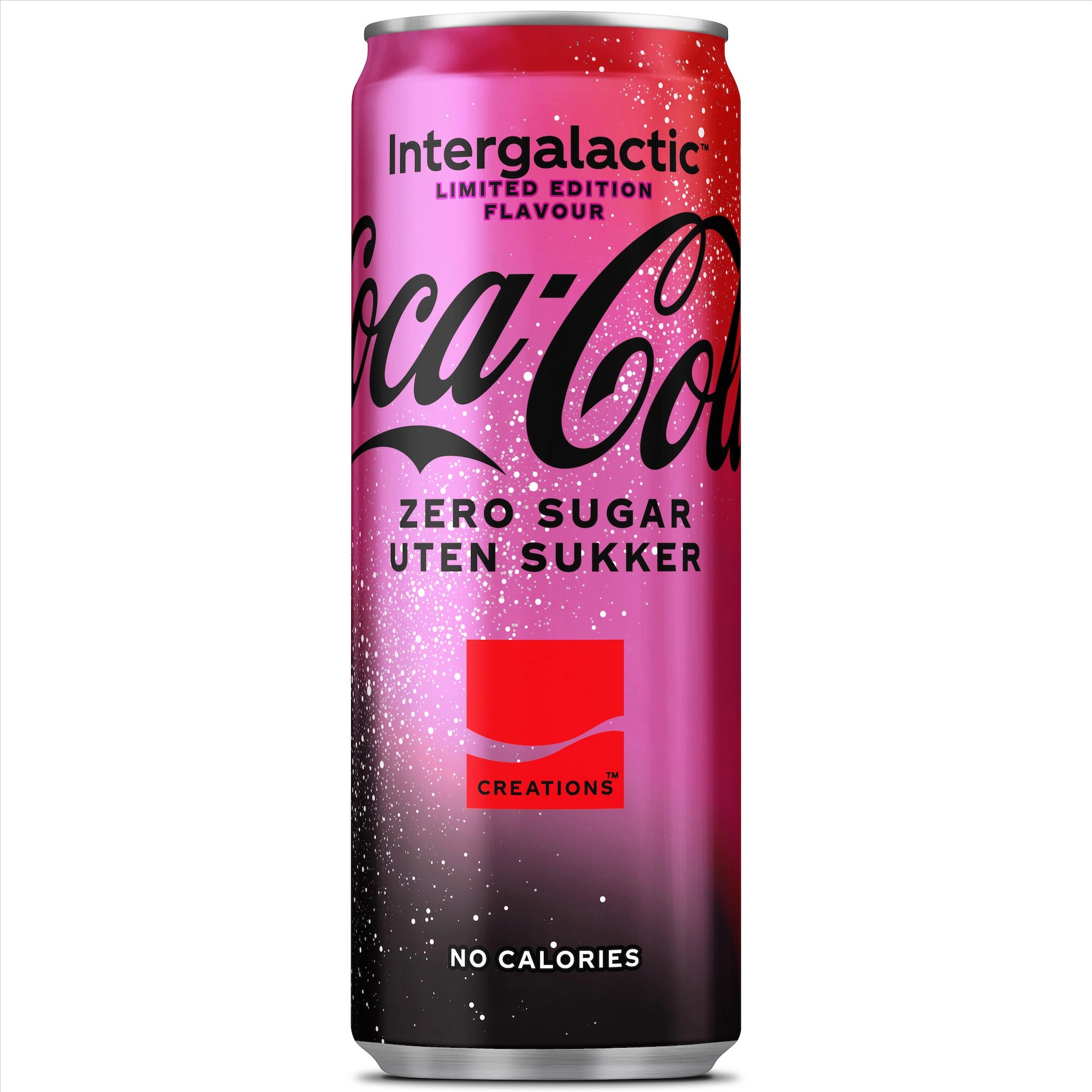 Front of Coca Cola Zero Sugar Intergalactic can featuring vibrant pink design, brand logo, zero sugar label, and 250ml volume, presented in a case of 24.