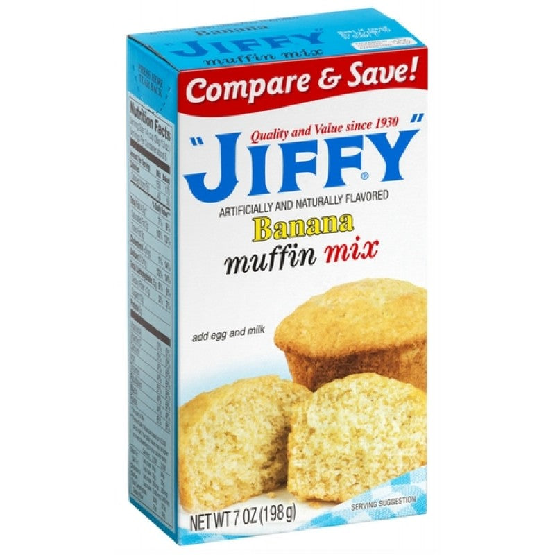 Front of Jiffy Banana Muffin Mix box showing logo, banana flavour label, and image of muffins (198g pack)