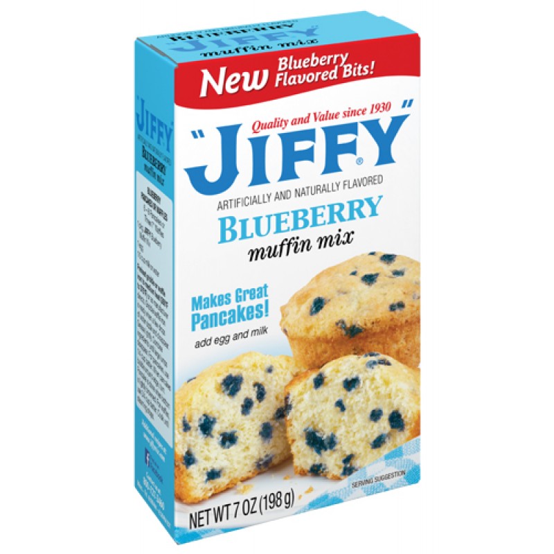 Front of Jiffy Blueberry Muffin Mix box showing brand logo, blueberry muffin image, and 198g pack size.