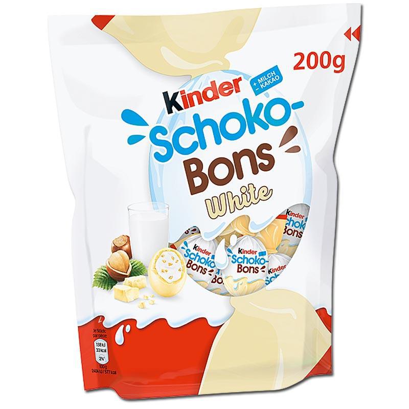 Front of Kinder Schoko Bons White bag showing logo, white chocolate confection, and 200g pack size.