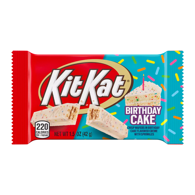 Front of Kit Kat Limited Edition Birthday Cake wrapper showing bright graphics, logo, and description of the product (42g)