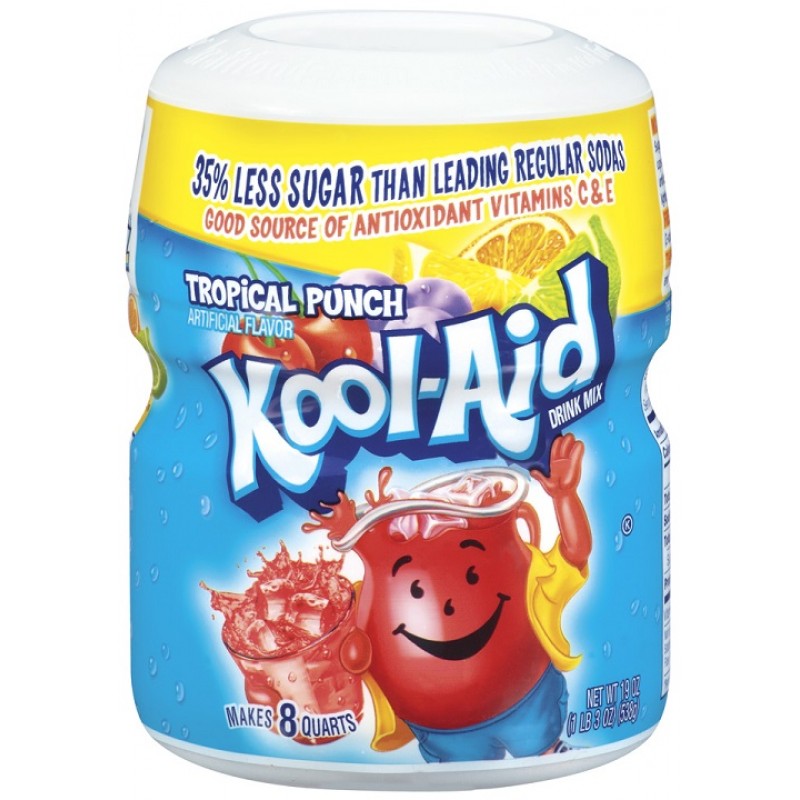 Front of Kool Aid Tropical Punch Drink Mix Tub showing vibrant blue packaging, Tropical Punch flavour label, and mixing instructions (538g tub)