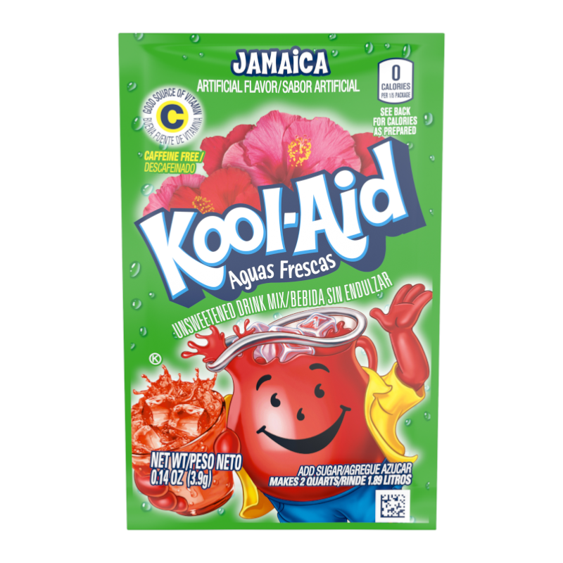 Front of Kool Aid Jamaica Drink Mix Sachet showing vibrant green packaging, hibiscus flowers, and logo with 3.9g net weight