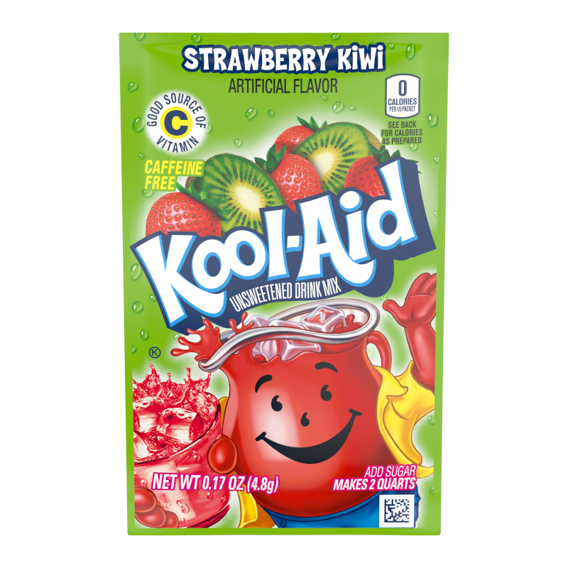 Front of Kool Aid Strawberry Kiwi Drink Mix Sachet showing bright green packaging with strawberries and kiwis, featuring the Kool-Aid logo (4.8g pack)