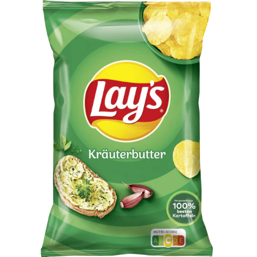 Front of Lay's Garlic & Herb Butter bag featuring vibrant green design, garlic bread image, and Lay's logo (150g pack)