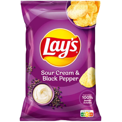 Front of Lay's Sour Cream & Black Pepper bag showing vibrant purple packaging, Lay's logo, and images of sour cream and potato chips (150g pack)