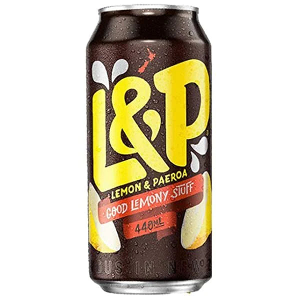 Front of L&P Lemon & Paeroa can showing yellow logo, lemon and paeroa illustration, and 330ml size detail.