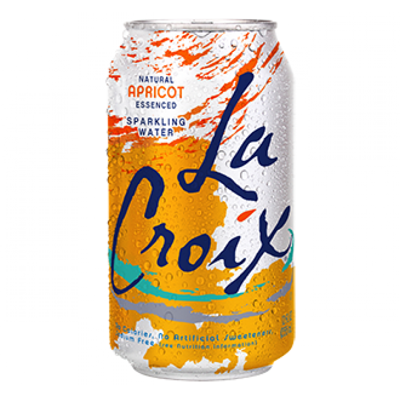 Front of La Croix Apricot can showing bold logo, natural apricot essence label, and sparkling water design (355ml)