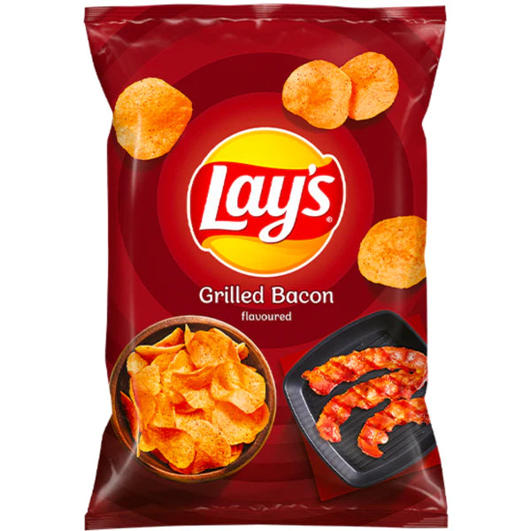Front of a Lay's Grilled Bacon bag showing the red packaging with logo and chips alongside grilled bacon imagery (130g pack)
