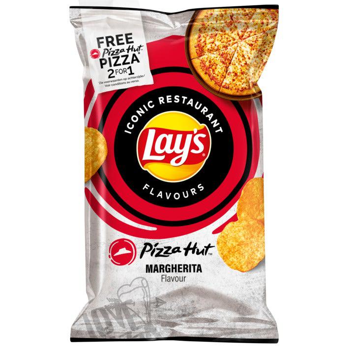 Front of Lay's Pizza Hut Margherita bag showing iconic logo, margherita flavour, and visual of chips (150g pack)