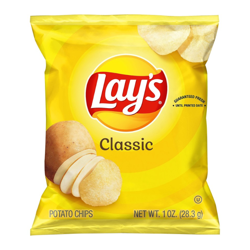 Front of Lay's Classic potato chips bag showing the Lay's logo, classic chip design, and details on the 28.3g pack.