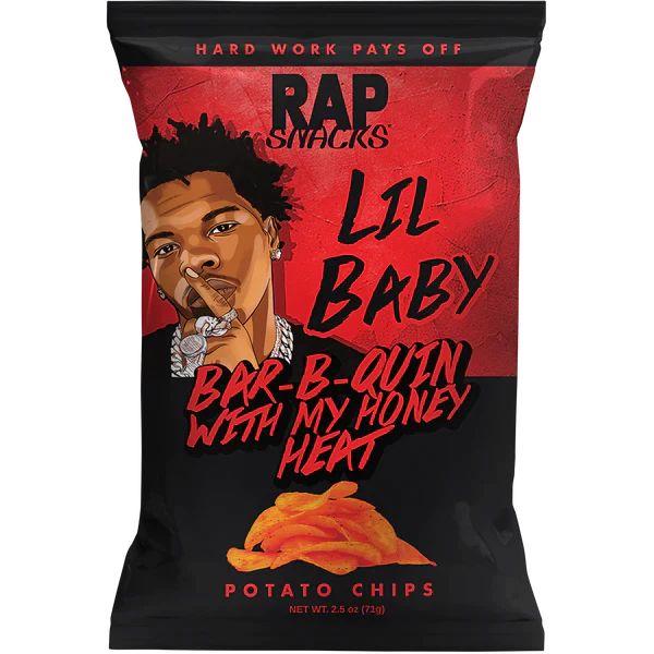 Front of Rap Snacks Lil Baby Bar-B-Quin with my Honey Heat potato chips bag (71g), featuring bold red and black design with an illustration of Lil Baby.
