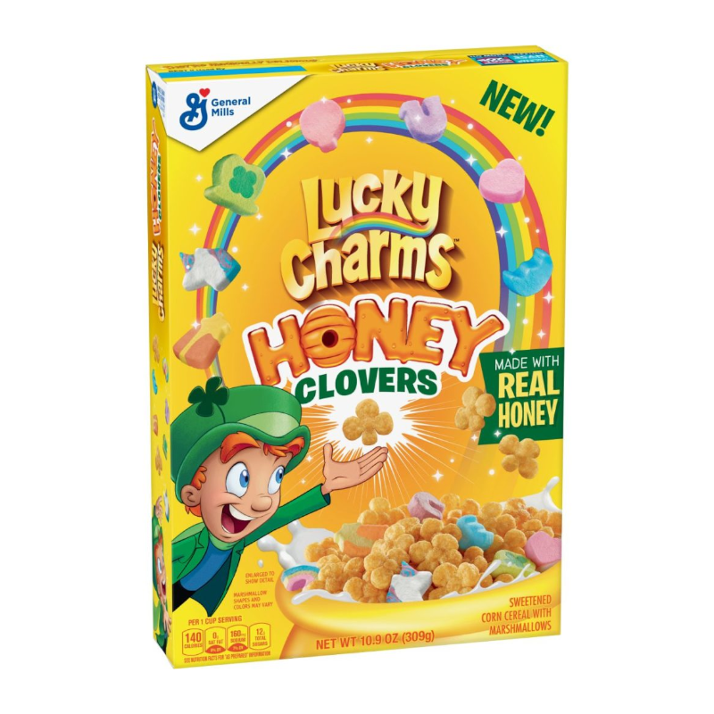 Front of Lucky Charms Honey Clovers box showing colourful marshmallows, real honey label, and a playful character (309g pack)