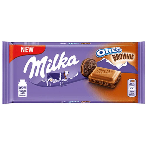 Front of Milka Oreo Chocolate Brownie packaging showing the Milka logo, Oreo brownie image, and 100g size label.