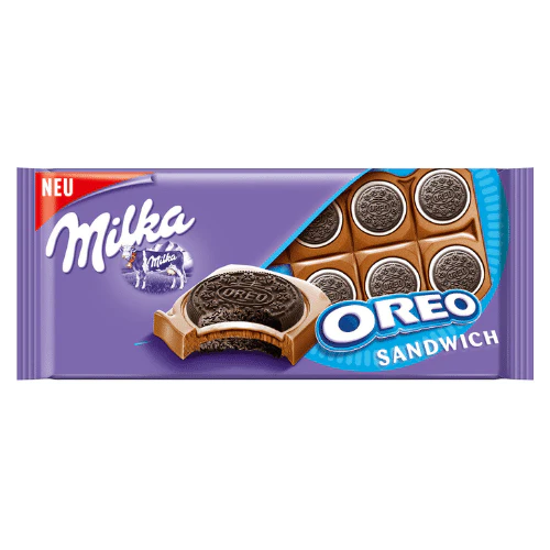 Front of Milka Oreo Sandwich pack showing purple background, Milka logo, Oreo filling, and 92g pack size.