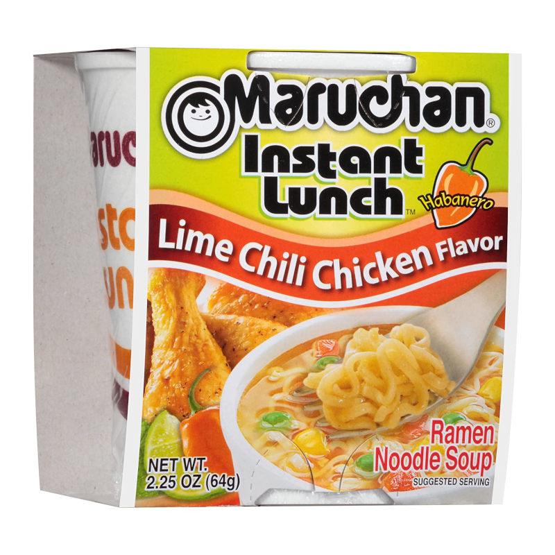 Front of Maruchan Lime Chili Chicken Instant Lunch Ramen Noodles cup showing bright branding, lime chili chicken flavour, and 64g pack size.