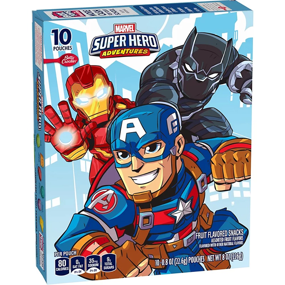 Front of Marvel Super Hero Adventures Fruit Snacks box featuring colourful superhero characters, product title, and 22.6g pouch size indication