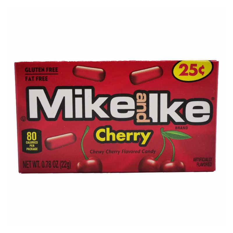Front of Mike & Ike Cherry box showing bold logo, cherry flavour label, and images of red candy pieces (22g pack)