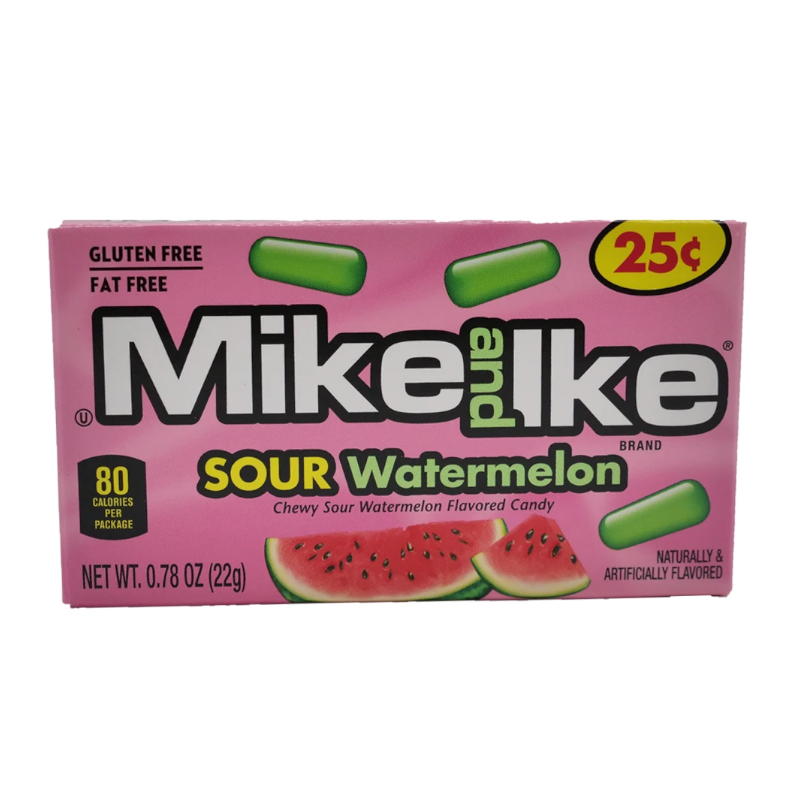 Front of Mike & Ike Sour Watermelon box showing brand logo, sour watermelon flavour label, and images of watermelon slices (22g pack)