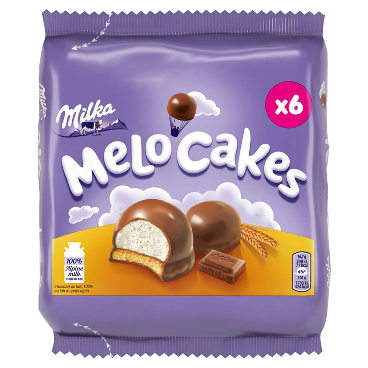 Front of Milka Melo Cakes pack showing the purple logo, images of cream-filled cakes, and a 100g size label.
