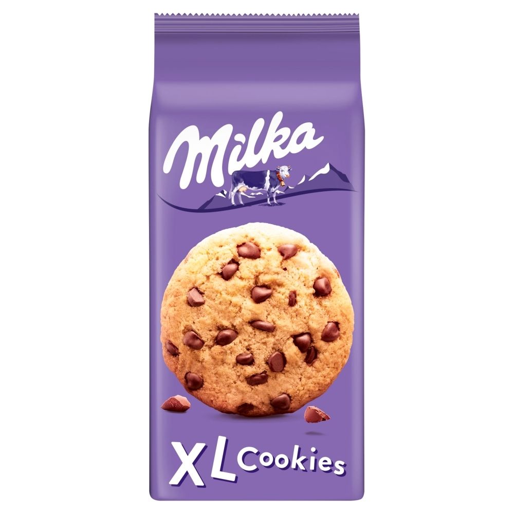 Front of Milka XL Cookies Choco packaging showing a large cookie and purple branding with logo (184g pack)