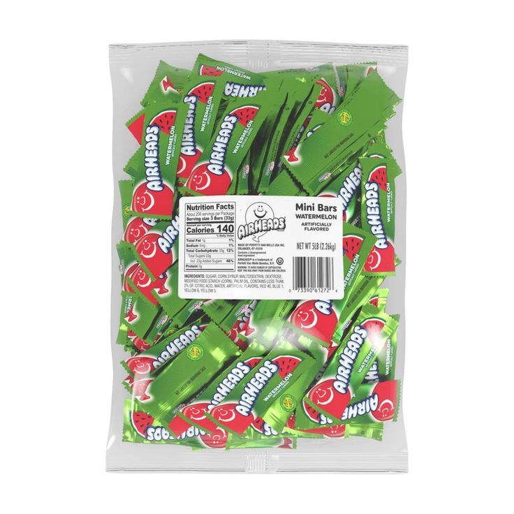 Front of Airheads Watermelon bag showing bright red and green packaging, featuring the Airheads logo and a watermelon design (500g pack)