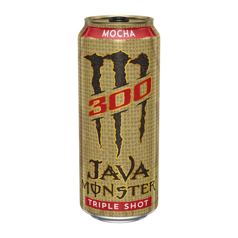 Front of Monster Java 300 Triple Shot Mocha can showing bold logo, mocha flavour label, and pack size of 443ml