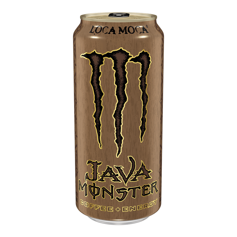 Front of Monster Java Loca Moca can displaying bold logo, mocha flavour design, and energy drink details (444ml)